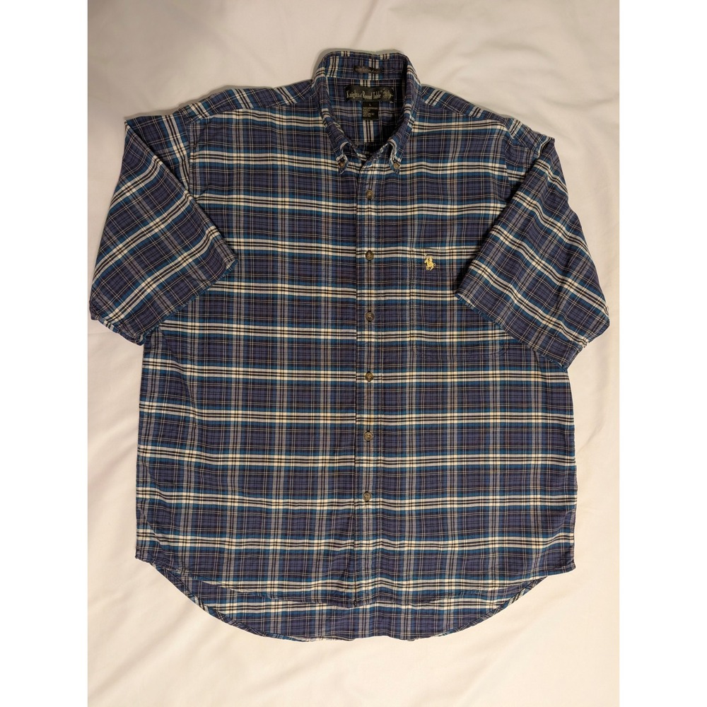 Knights of Round Table Mens Size L Blue Plaid Short Sleeve Button Down Shirt